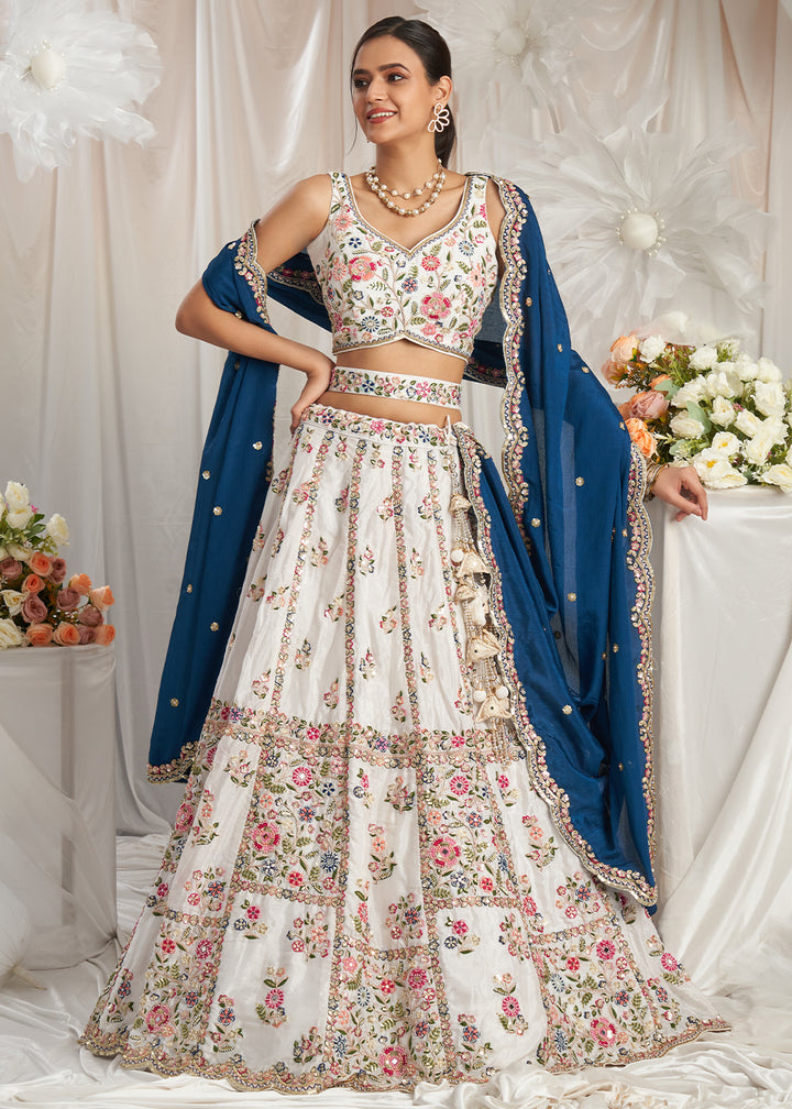 Rice White Georgette Lehenga Choli Adorned with Moti & Sequins Embroidery Work