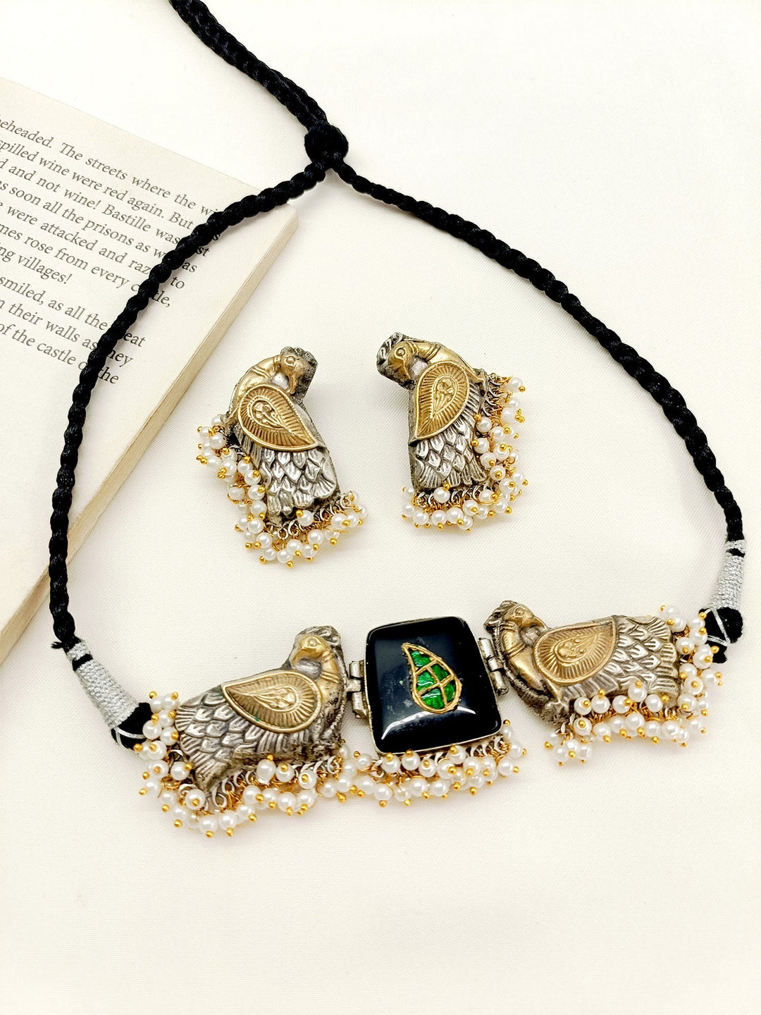 Indah Black Peacock Oxidized Choker Set