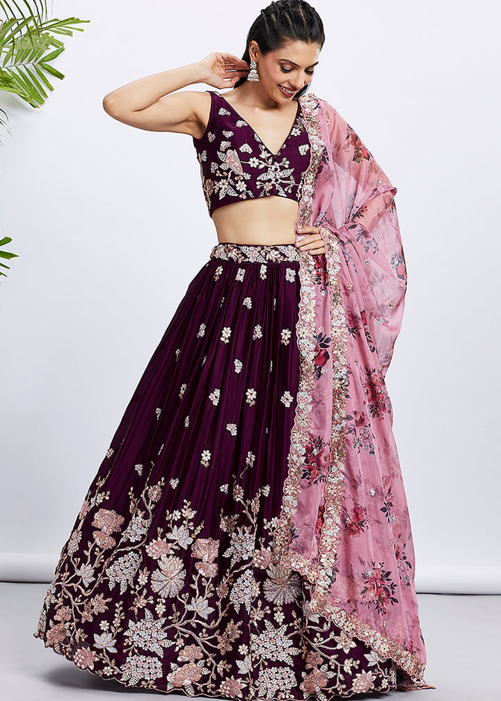 Rasin Purple Georgette Lehenga Choli Highlighted with Sequins & Thread Embroidery