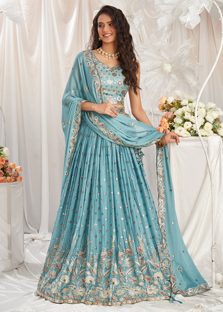 Turquoise Blue Georgette Lehenga Choli Adorned with Sequins Work