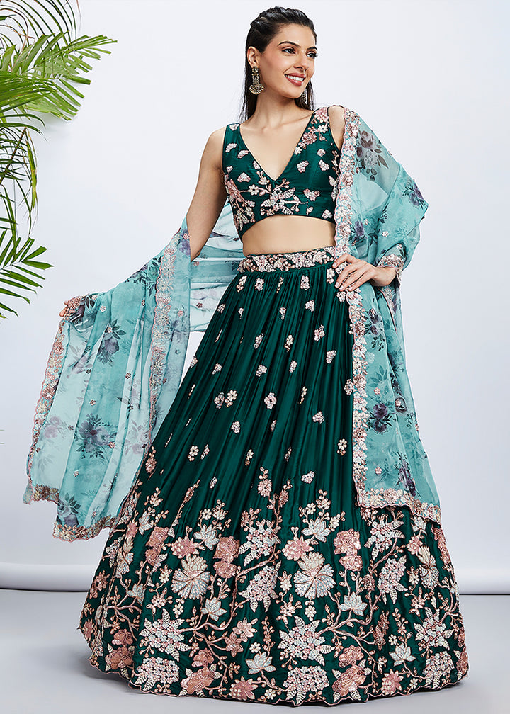 Kaitoke Green Georgette Lehenga Choli Highlighted with Sequins & Thread Embroidery