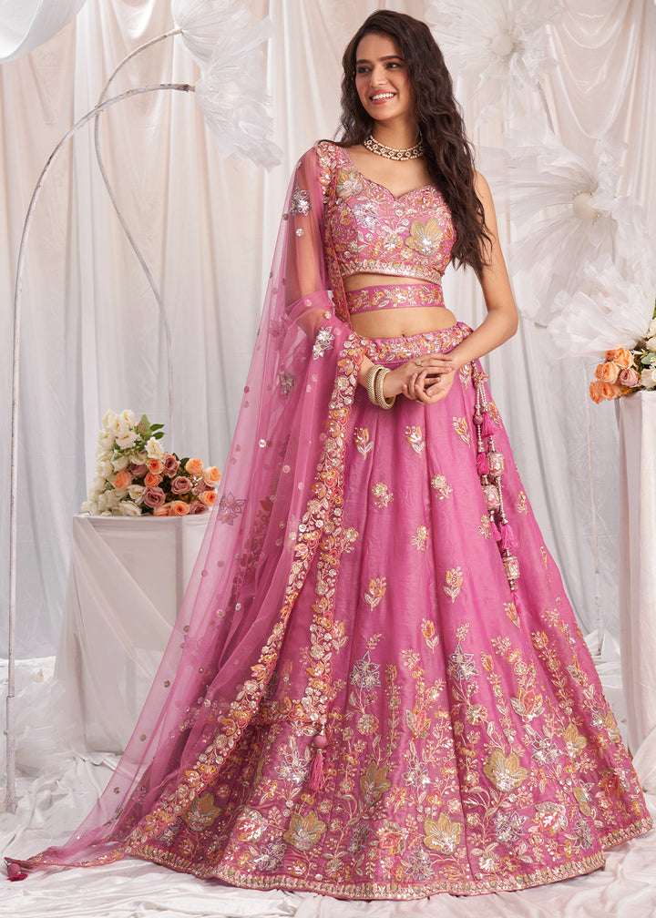 Deep Pink Organza Lehenga Choli Adorned with Sequins Embroidery Work