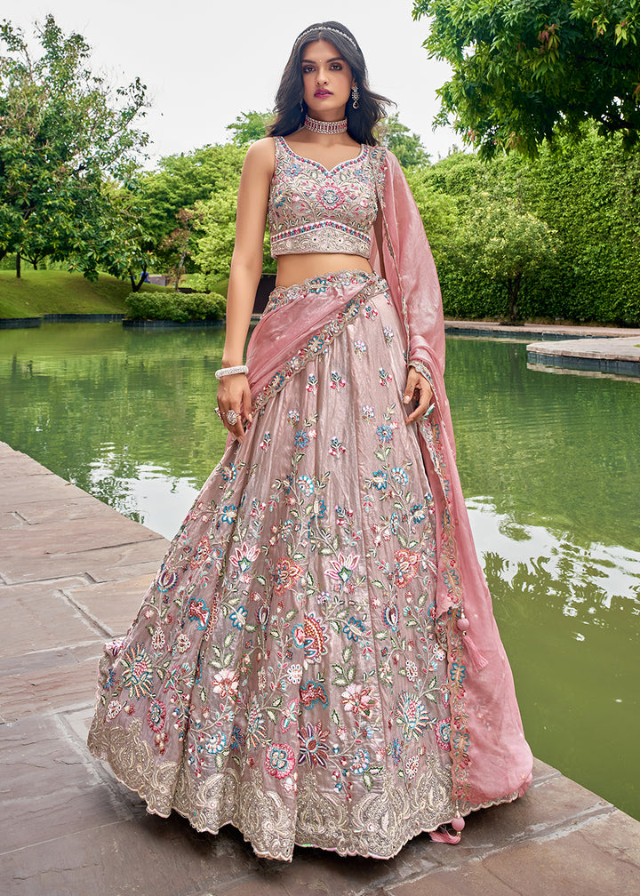 Rose Gold Pink & Purple Organza Lehenga Choli Decorated with Sequins & Mirror Work