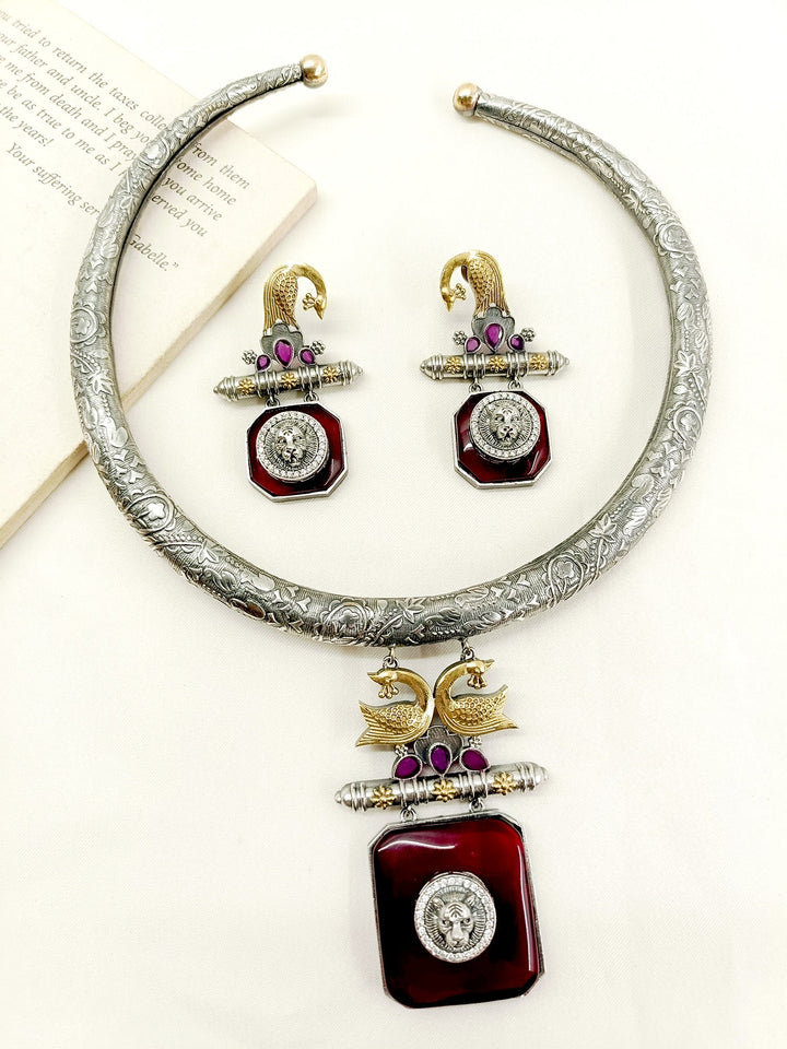 Budiwati Maroon Oxidized Hasli Style Necklace Set