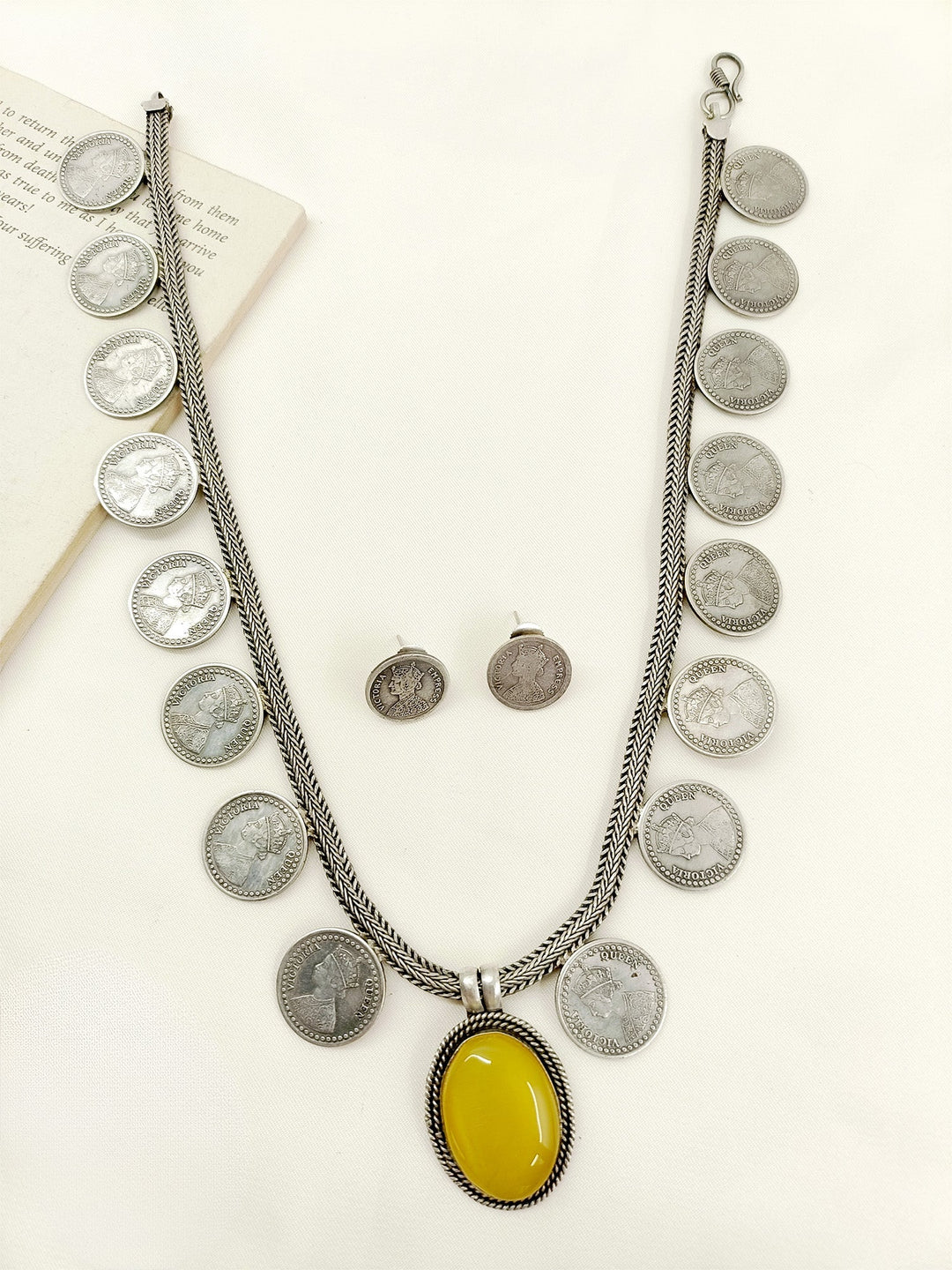 Amina Yellow German Silver Oxidized Necklace Set