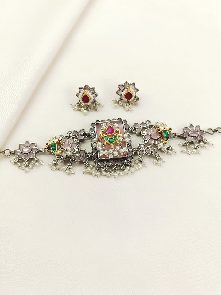 Celia Baby Pink Oxidized Choker Set