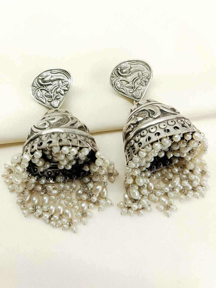 Ruchi White Pearl Oxidized Jhumki - Earrings 9.5 cm