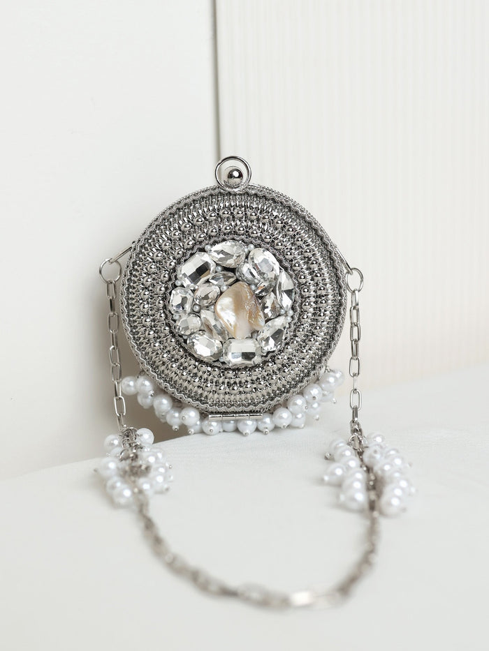 Imaya Round Silver Mini Metal Clutch