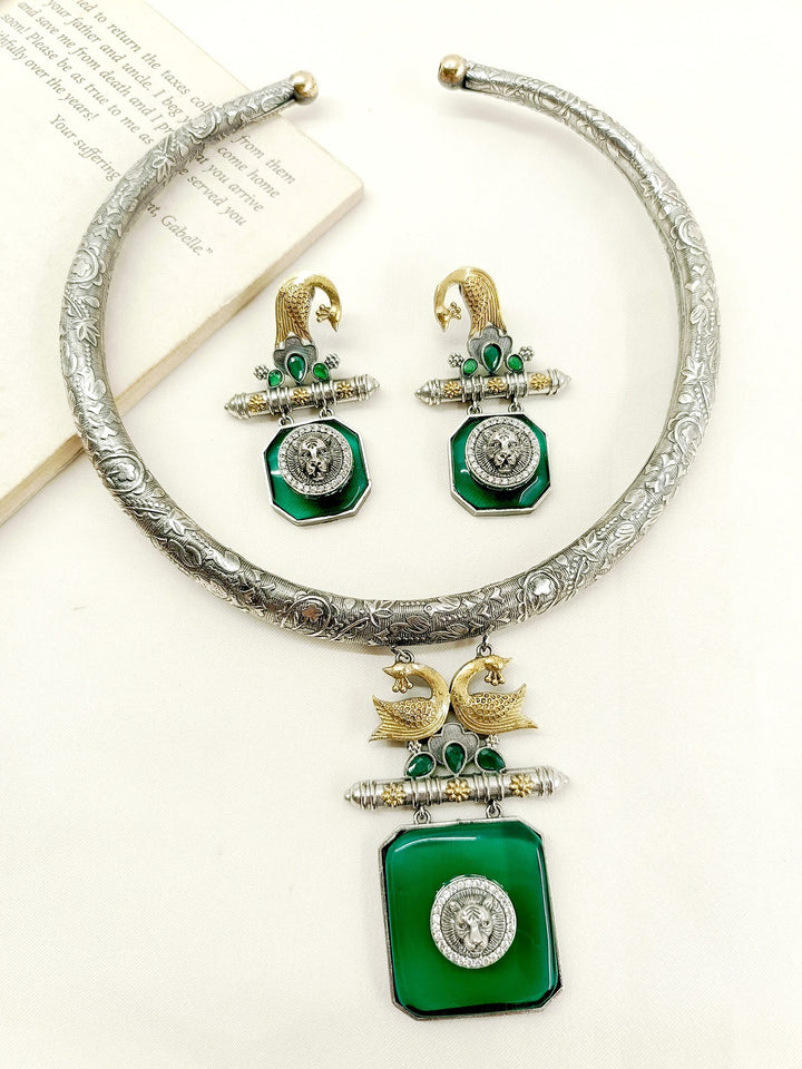 Sakina Green Oxidized Hasli Style Necklace Set