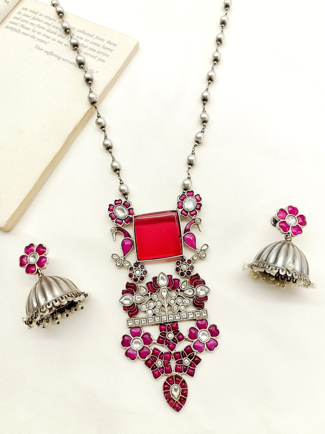 Katrina Rose Pink German Silver Oxidized Pendant Set