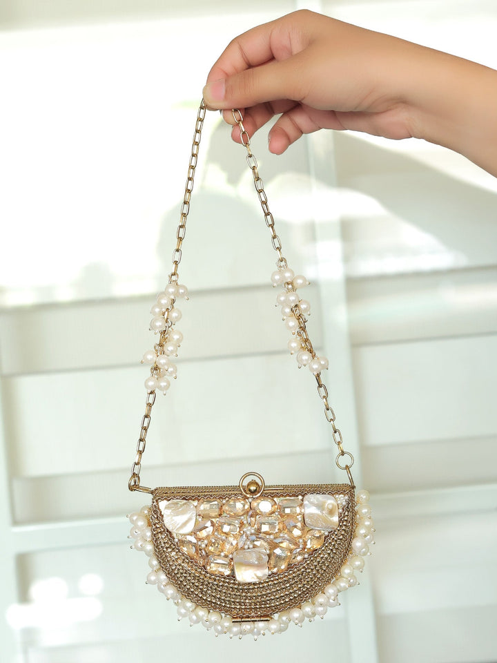 Abeela Golden Mini Metal Clutch - Pearl &amp; Stone Embellished