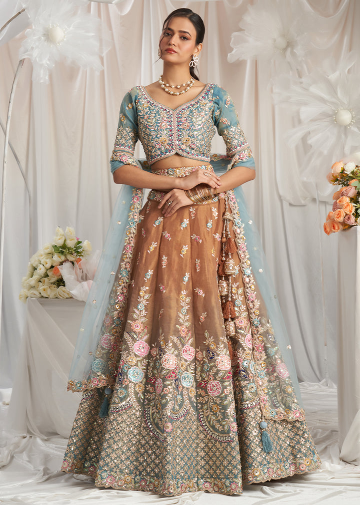 Mustard Yellow & Blue Net Lehenga Choli Adnored with Pearl & Gotapatti Embroidery work: The Bride's Edit