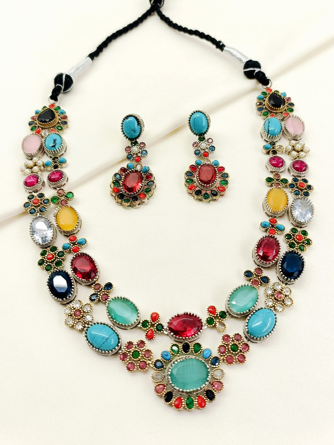 Arya Multi-Color Oxidized Navratna Necklace Set
