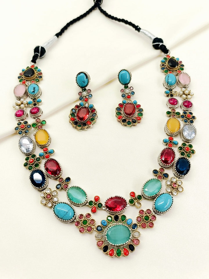 Arya Multi-Color Oxidized Navratna Necklace Set