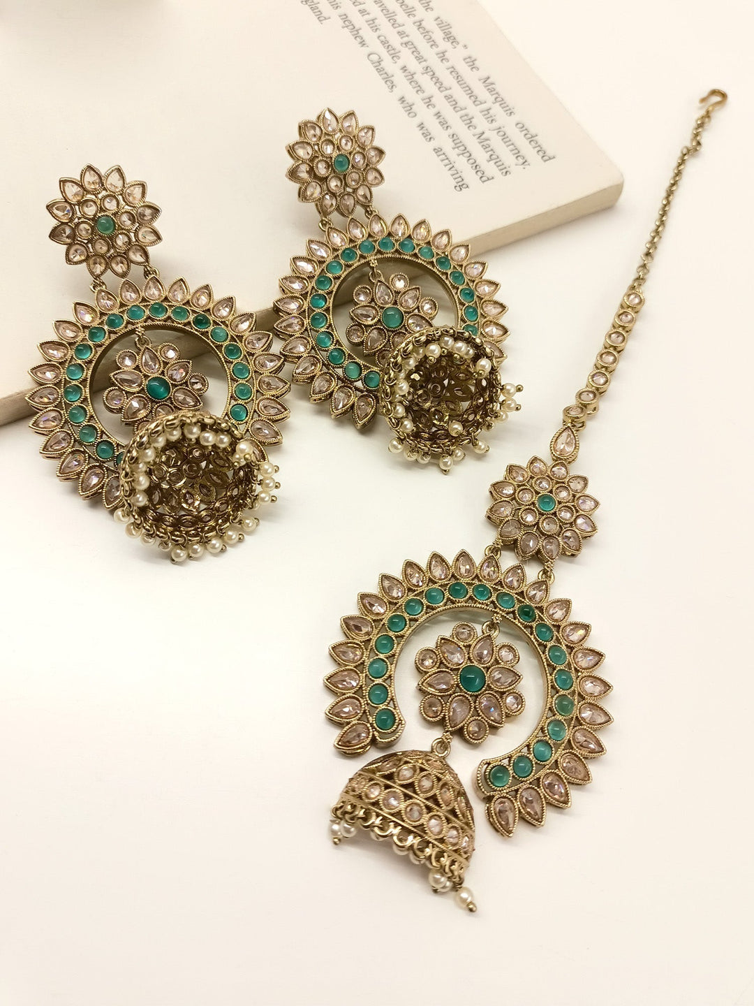 Ekiya Green Polki Jhumki With Teeka