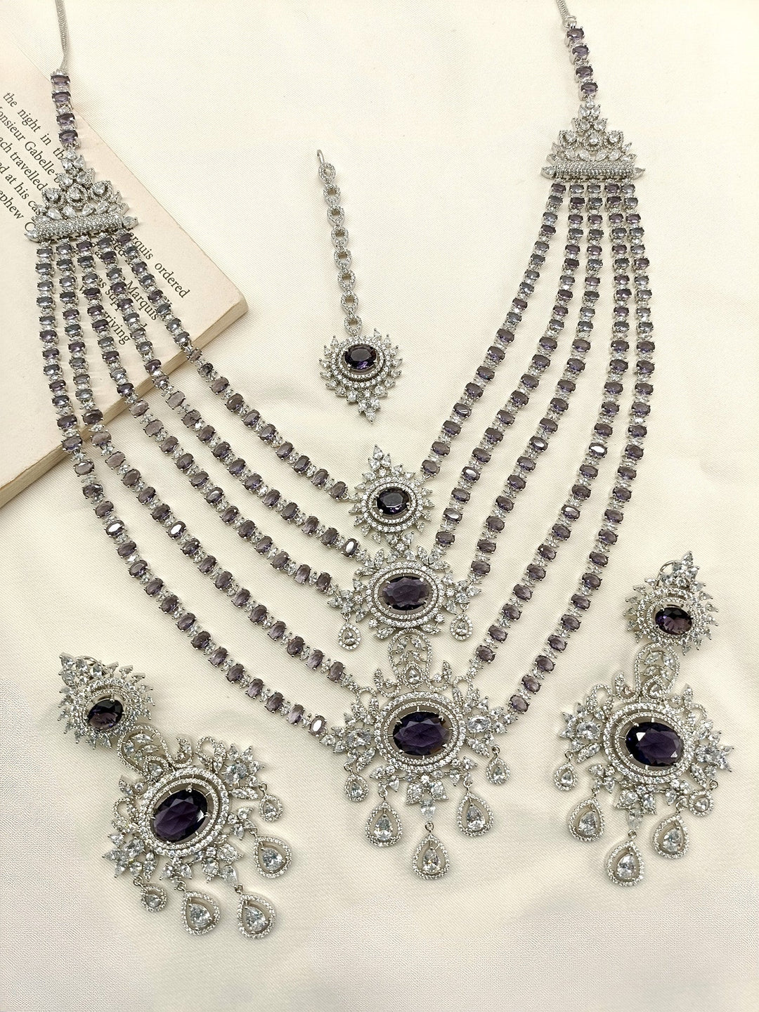 Takshvi Purple American Diamond Necklace Set