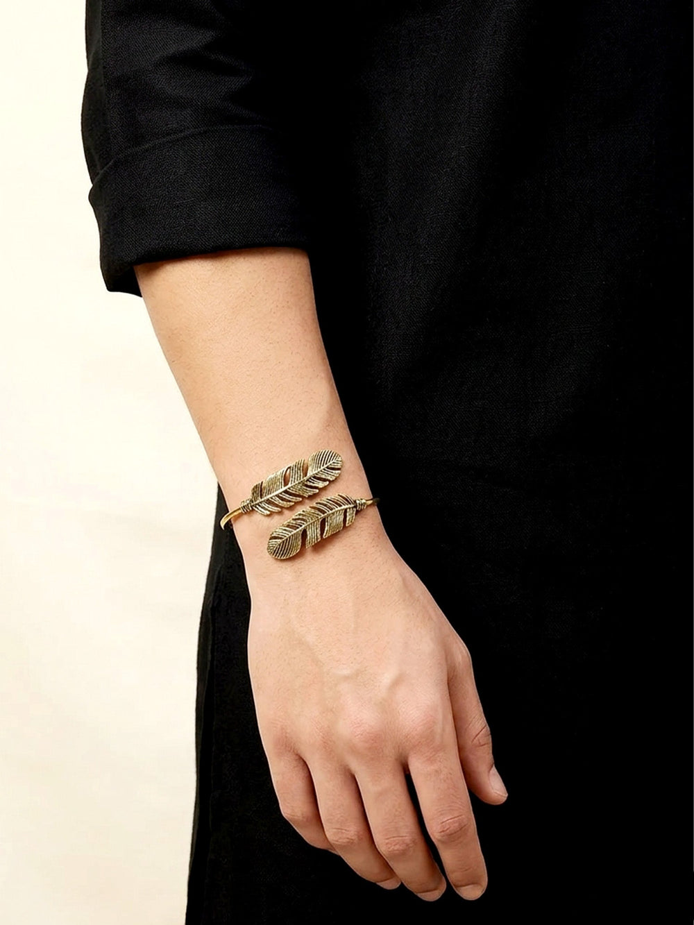Neel Golden Twin Feather Men's Bracelet - Antique Gold Tone