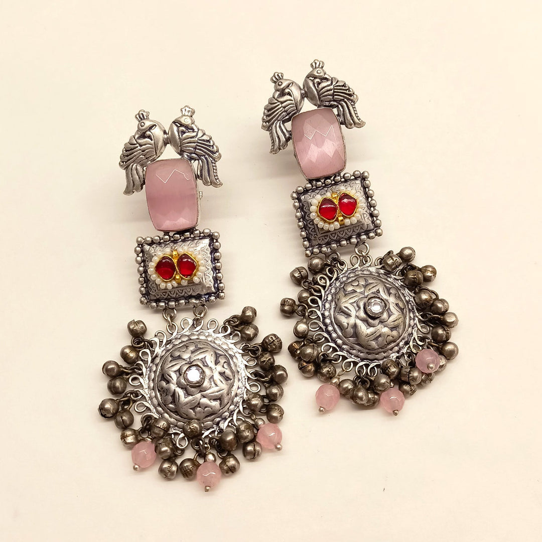 Sadiya Baby Pink And Silver Oxidized Earrings