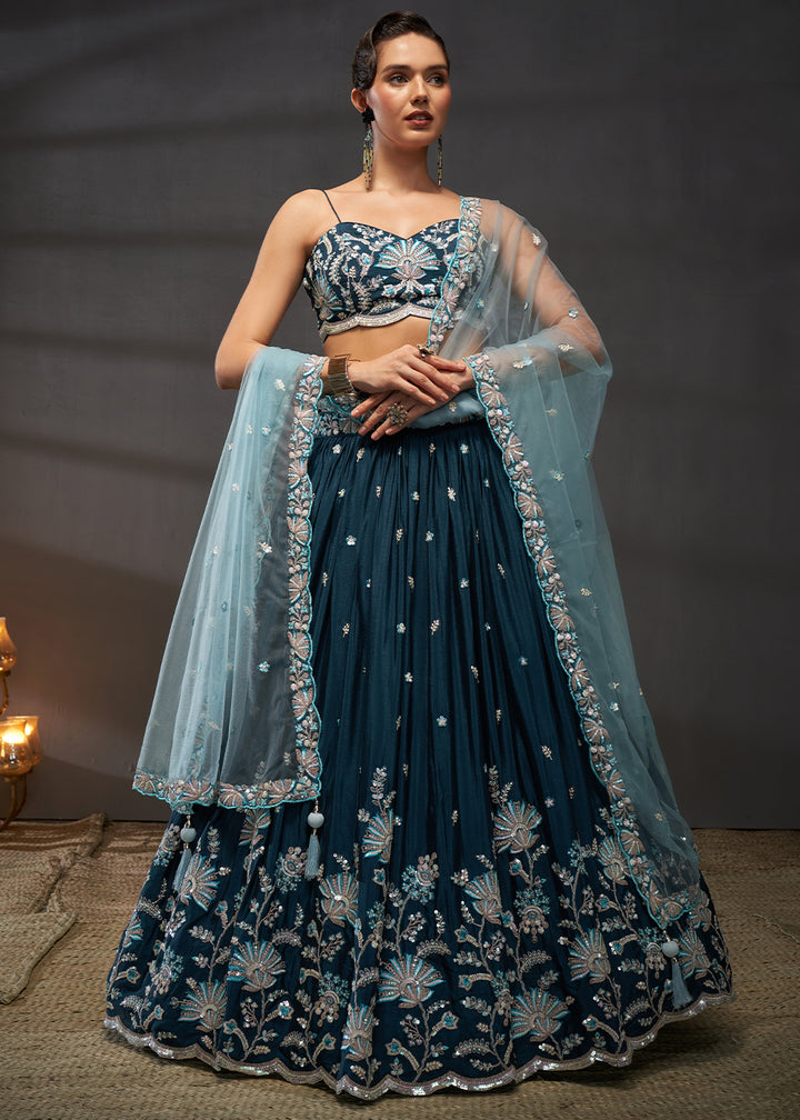 Prussian Blue Chiffon Lehenga Choli Adorned with Sequins Embroidery