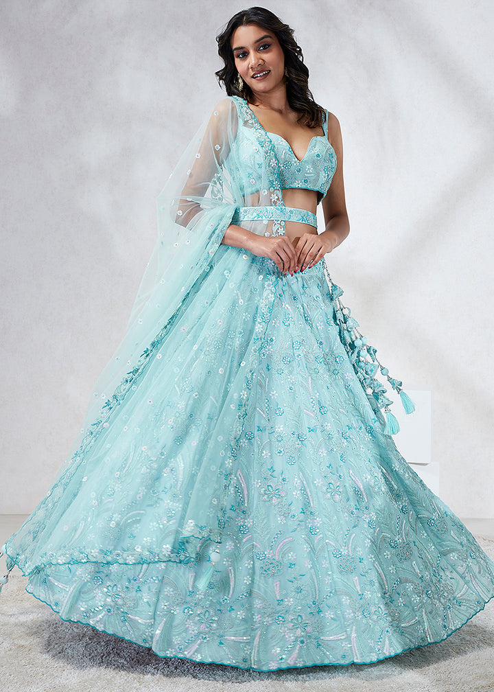 Shades Of Blue Georgette Lehenga Choli Highlighted with Sequins & Thread Embroidery