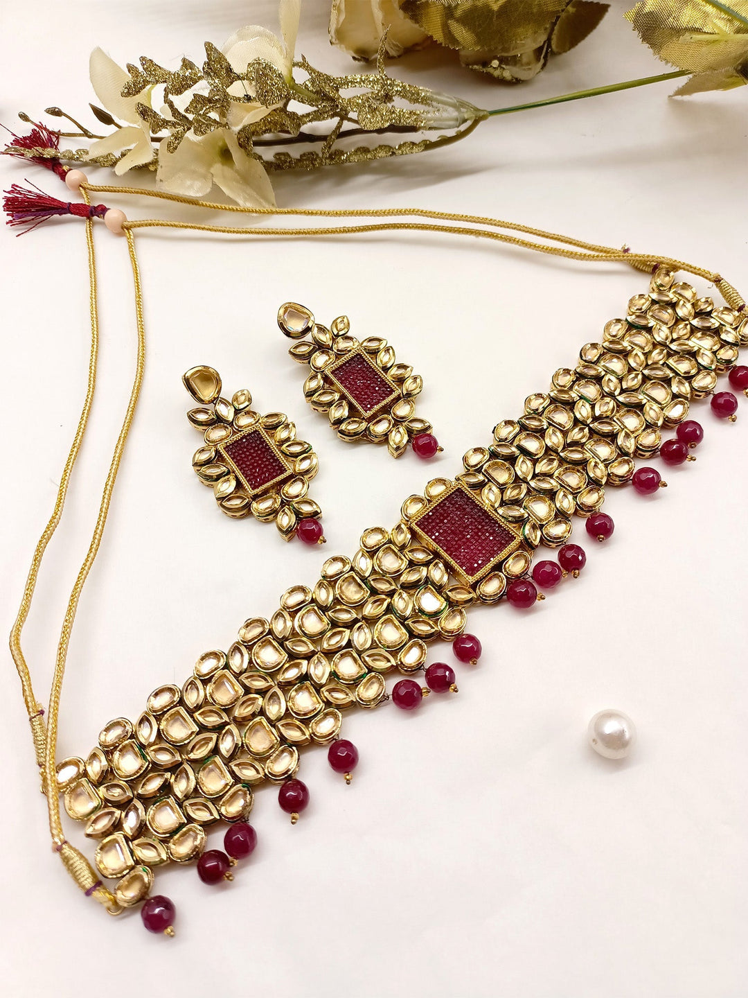 Steffhy Maroon Kundan Choker Set