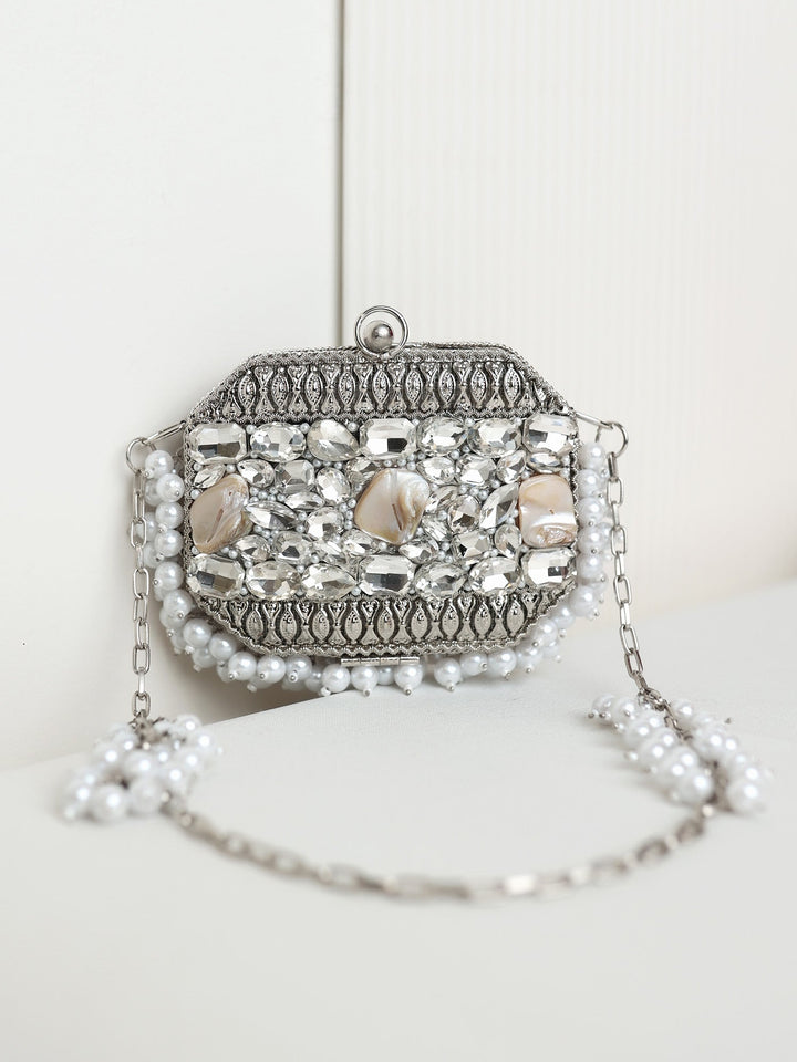 Pavani Octagon Silver Mini Metal Clutch