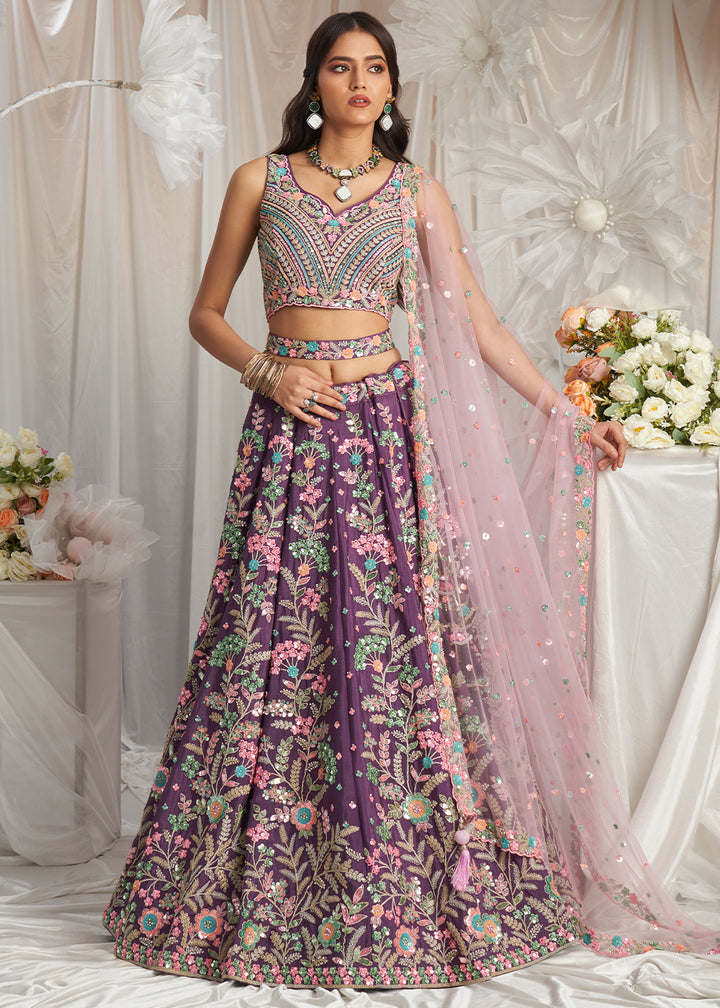 Pomegranate Purple Georgette Lehenga Choli Adorned with Sequins Embroidery