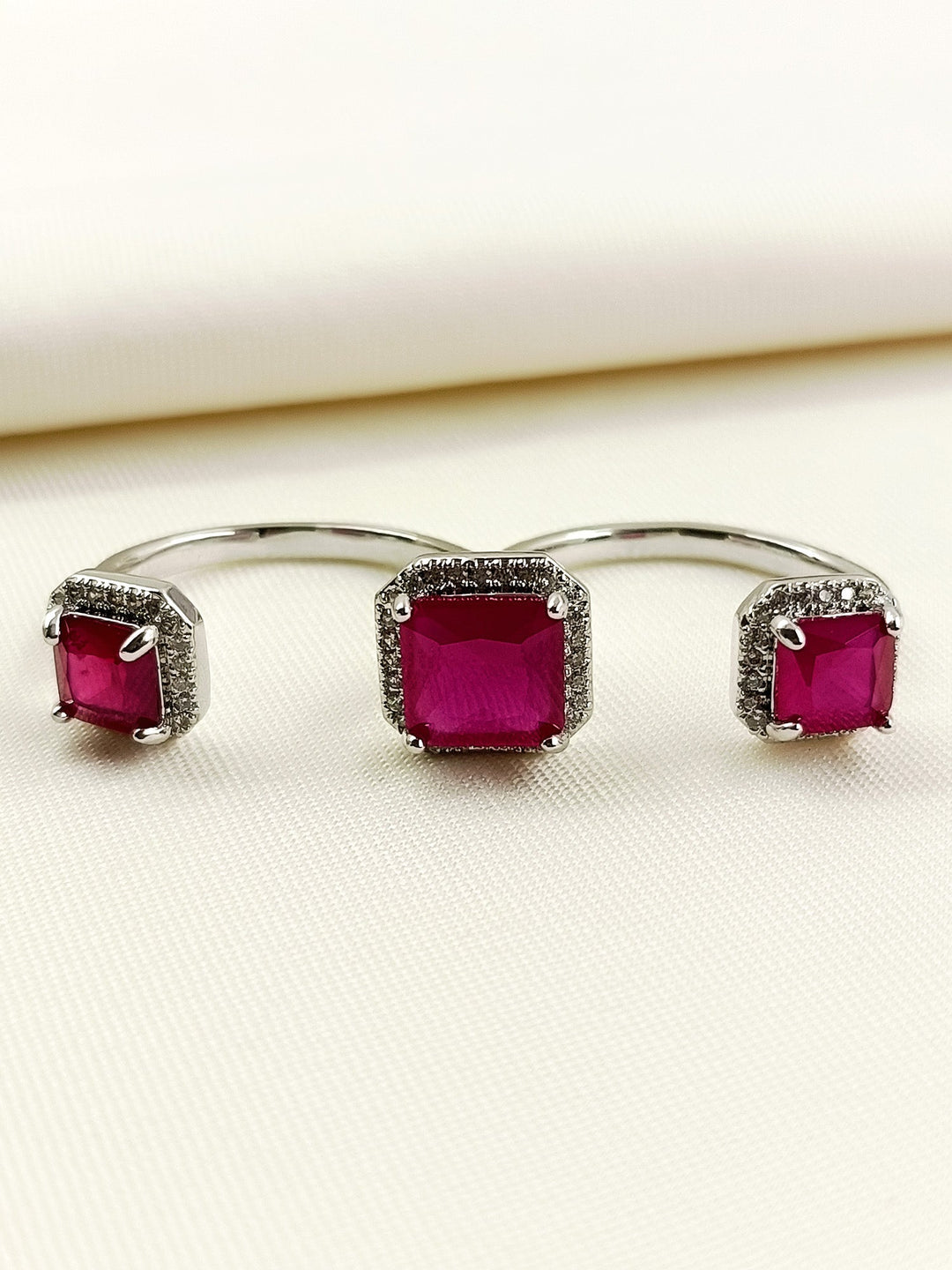 Gabriella Ruby American Diamond Finger Ring - Silver Plated