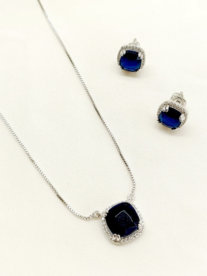 Anne Navy Blue American Diamond Pendant Set