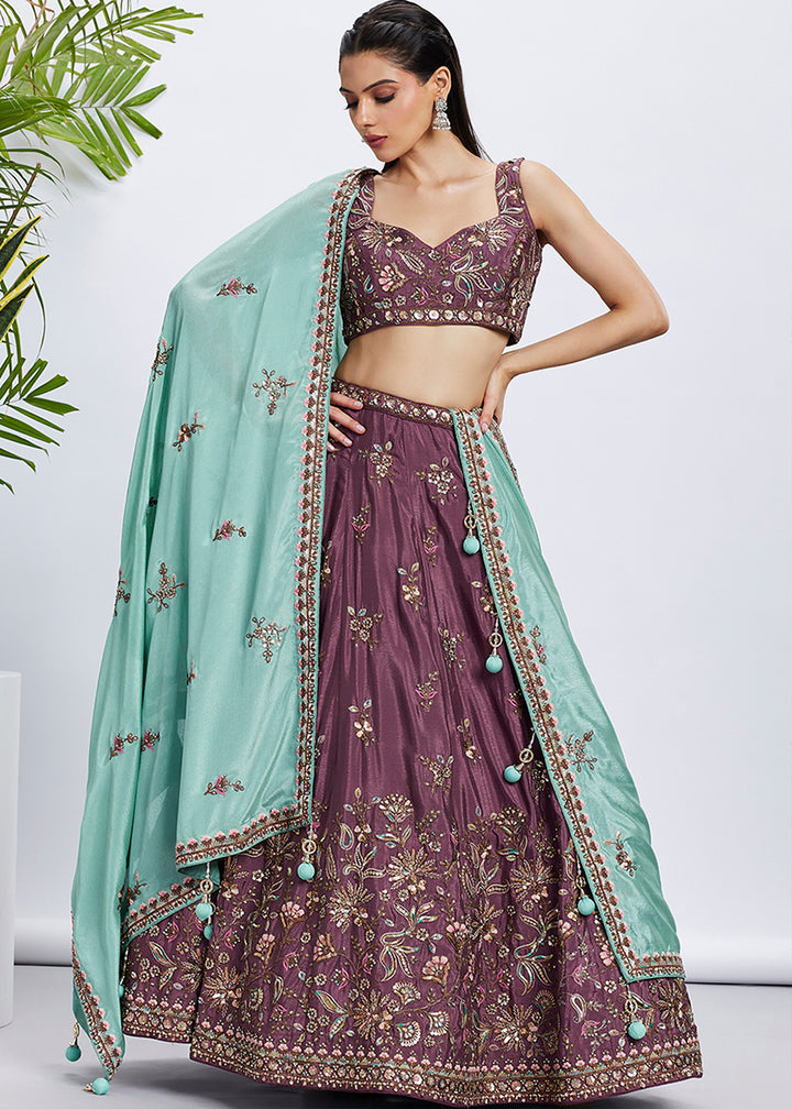 Damson Purple Chiffon Lehenga Choli Adorned with Sequins & Thread Embroidery