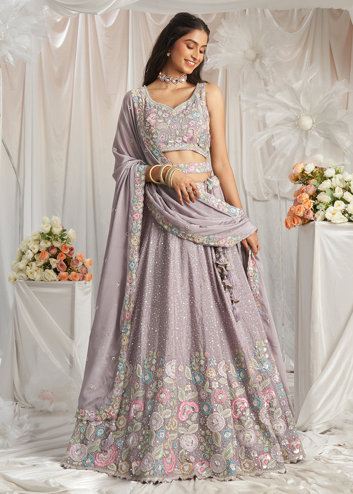 Periwinkle Purple Chiffon Lehenga Choli Adorned with Sequins & Thread Embroidery