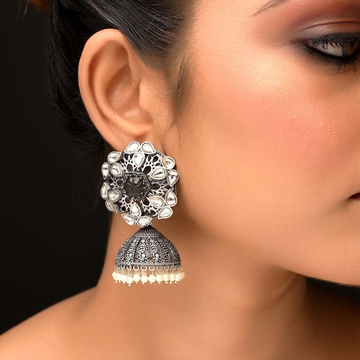 Meenal Charcoal Stone Silver Plated Boutique Jhumki