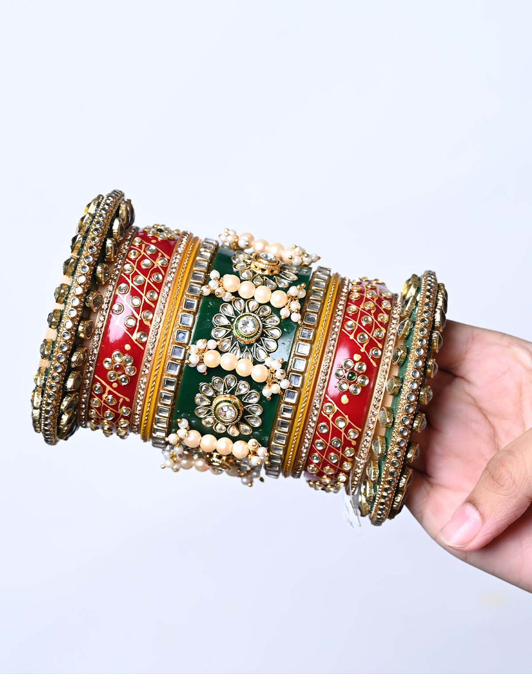 Rajeshwari Maroon & Green Kada With Kundan Work Rajputi Chura