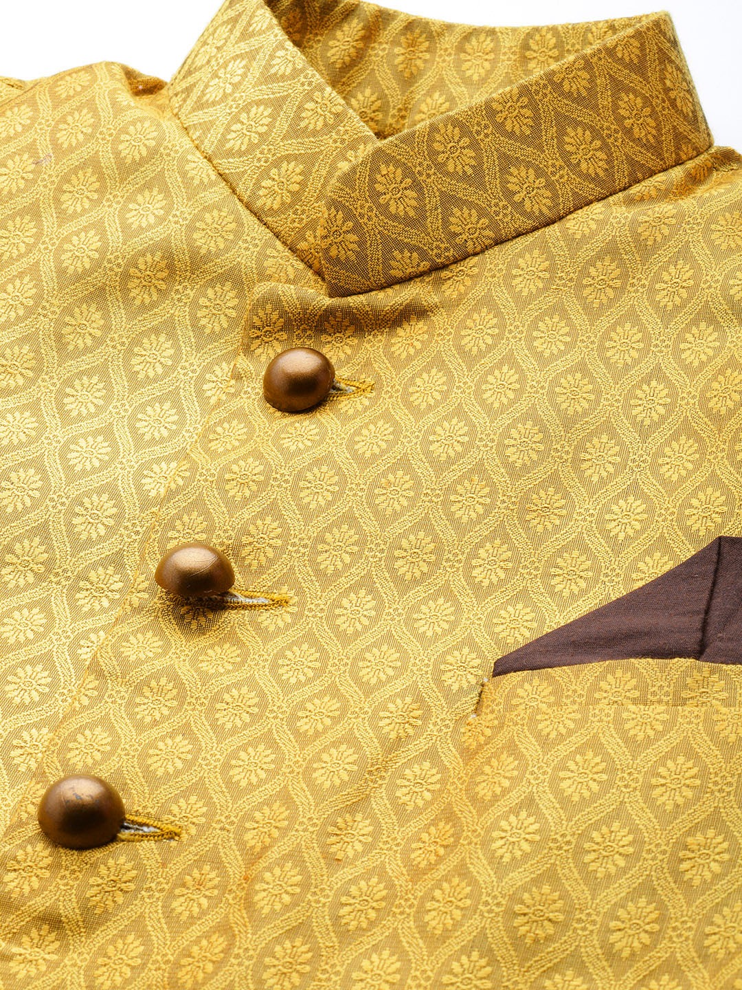 Sarvati Men's Mustard Yellow And Coffee Silk Blend Sherwani Set