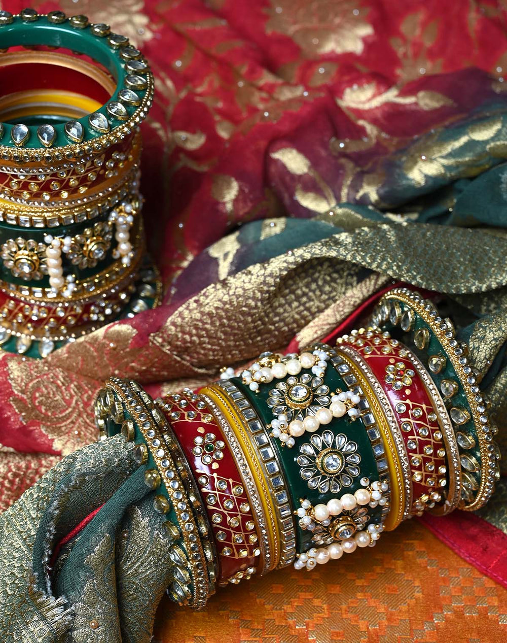 Rajeshwari Maroon & Green Kada With Kundan Work Rajputi Chura