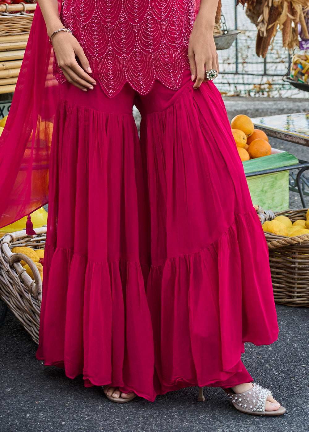 Hot Pink Georgette Gharara &amp; Embroidered Top with Refined Beadwork