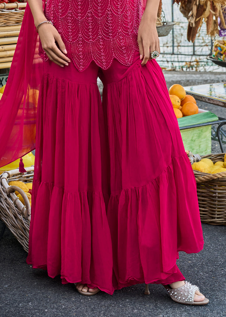 Hot Pink Georgette Gharara &amp; Embroidered Top with Refined Beadwork