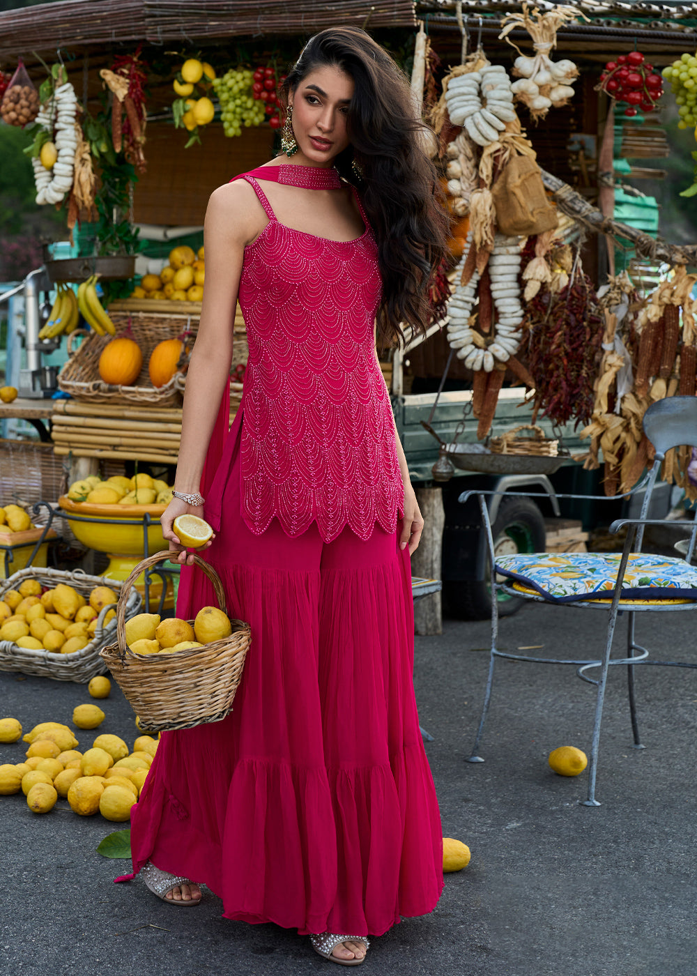 Hot Pink Georgette Gharara & Embroidered Top with Refined Beadwork