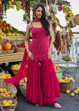Hot Pink Georgette Gharara & Embroidered Top with Refined Beadwork