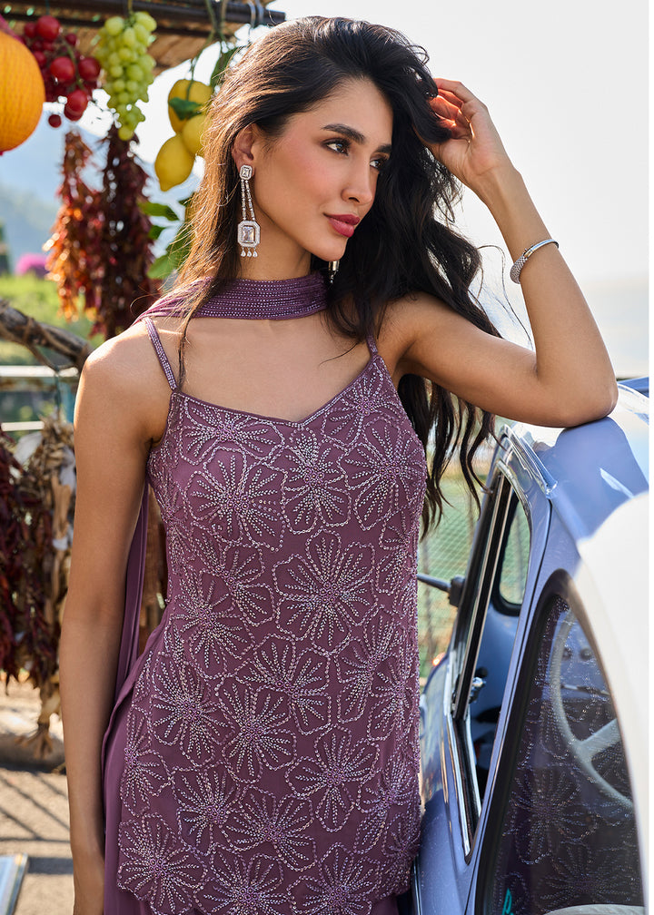 Maximum Purple Georgette Sharara &amp; Embroidered Top with Refined Beadwork