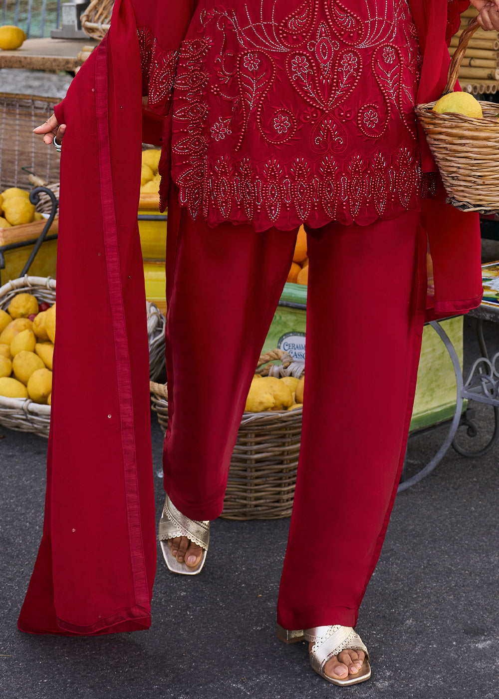 Deep Scarlet Red Georgette Palazzo &amp; Embroidered Top with Refined Beadwork