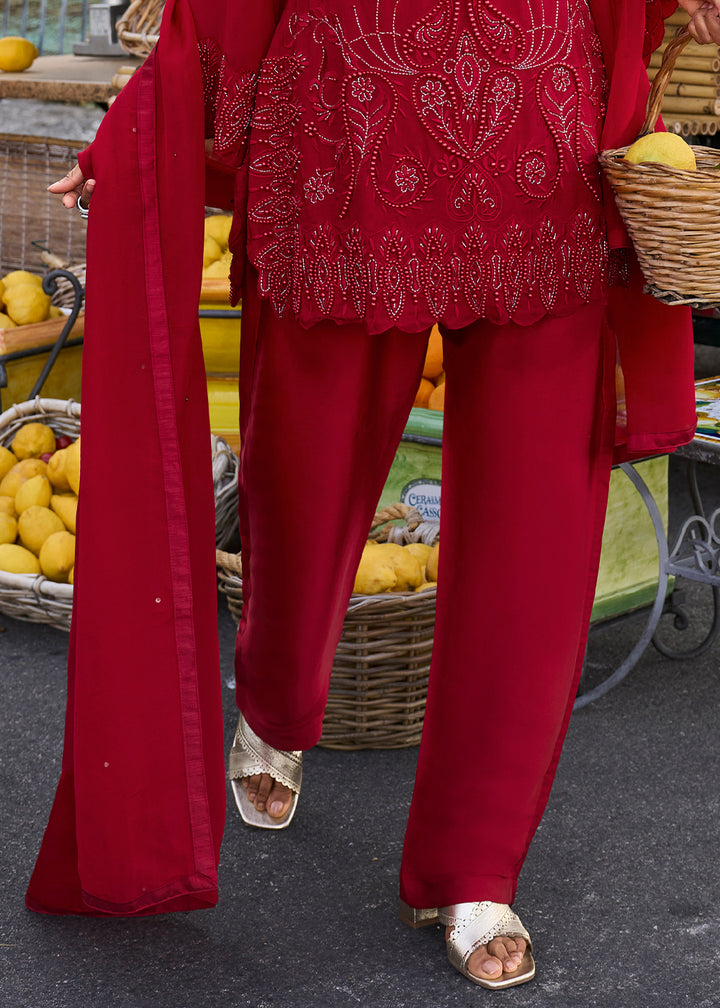 Deep Scarlet Red Georgette Palazzo &amp; Embroidered Top with Refined Beadwork