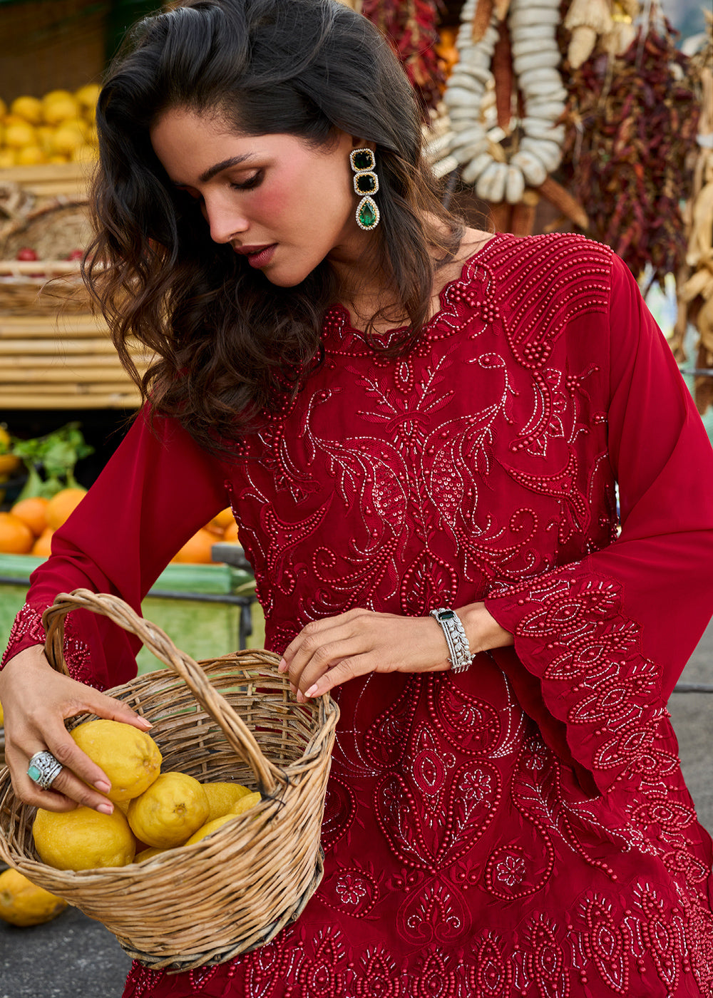 Deep Scarlet Red Georgette Palazzo &amp; Embroidered Top with Refined Beadwork