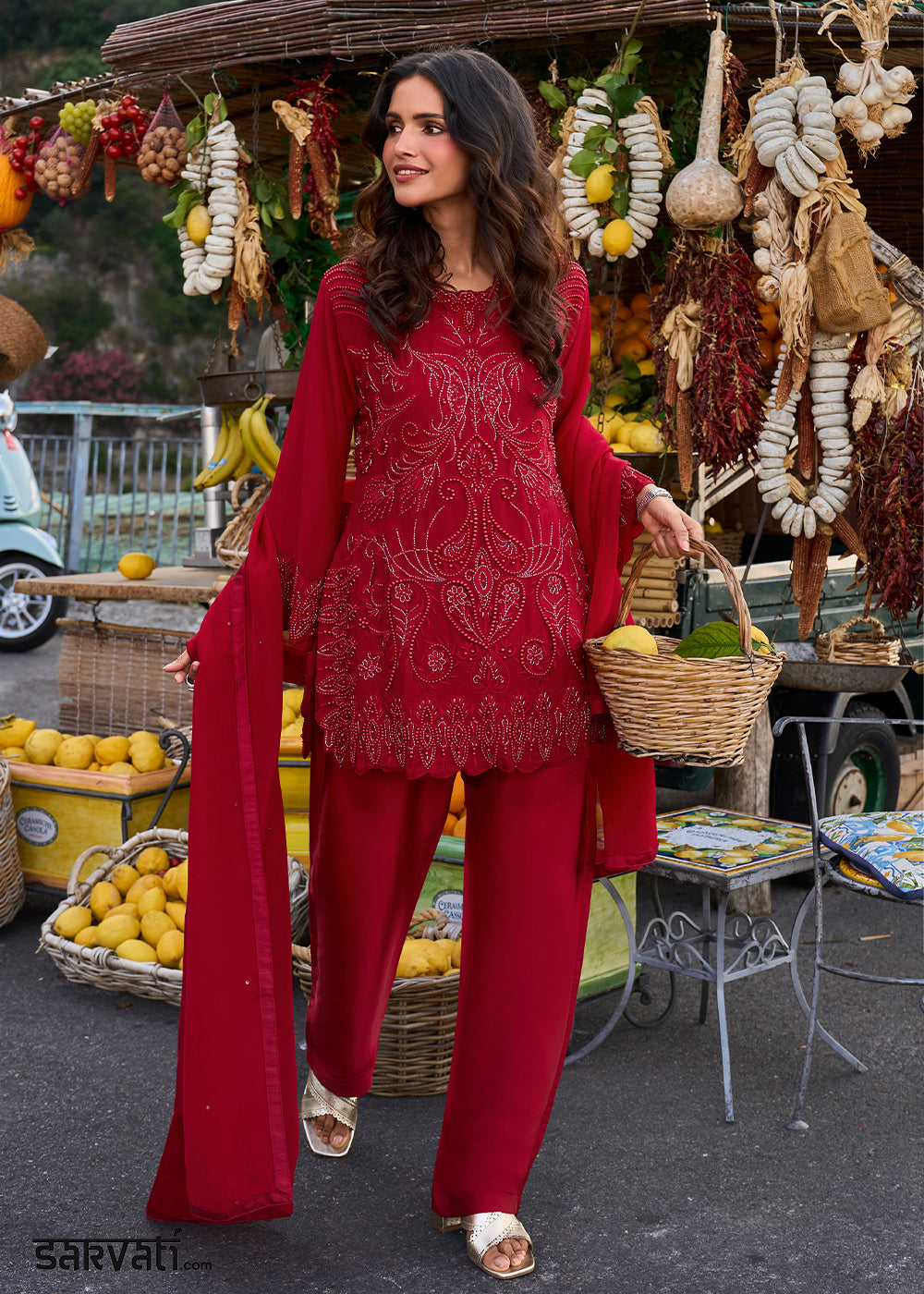 Deep Scarlet Red Georgette Palazzo &amp; Embroidered Top with Refined Beadwork