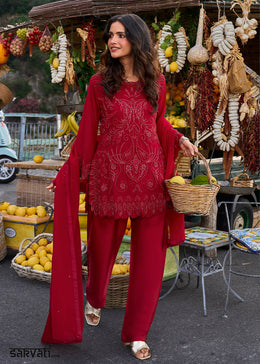 Deep Scarlet Red Georgette Palazzo & Embroidered Top with Refined Beadwork