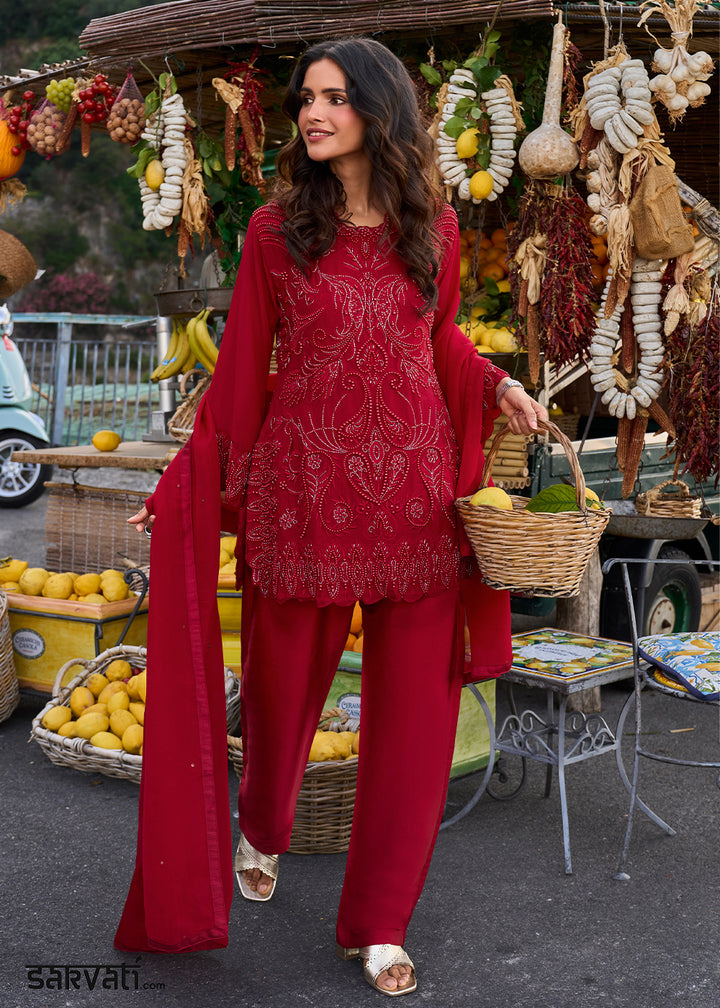 Deep Scarlet Red Georgette Palazzo &amp; Embroidered Top with Refined Beadwork