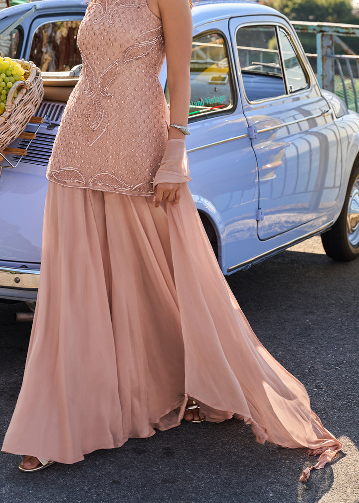 Peach Pink Georgette Sharara &amp; Embroidered Top with Refined Beadwork