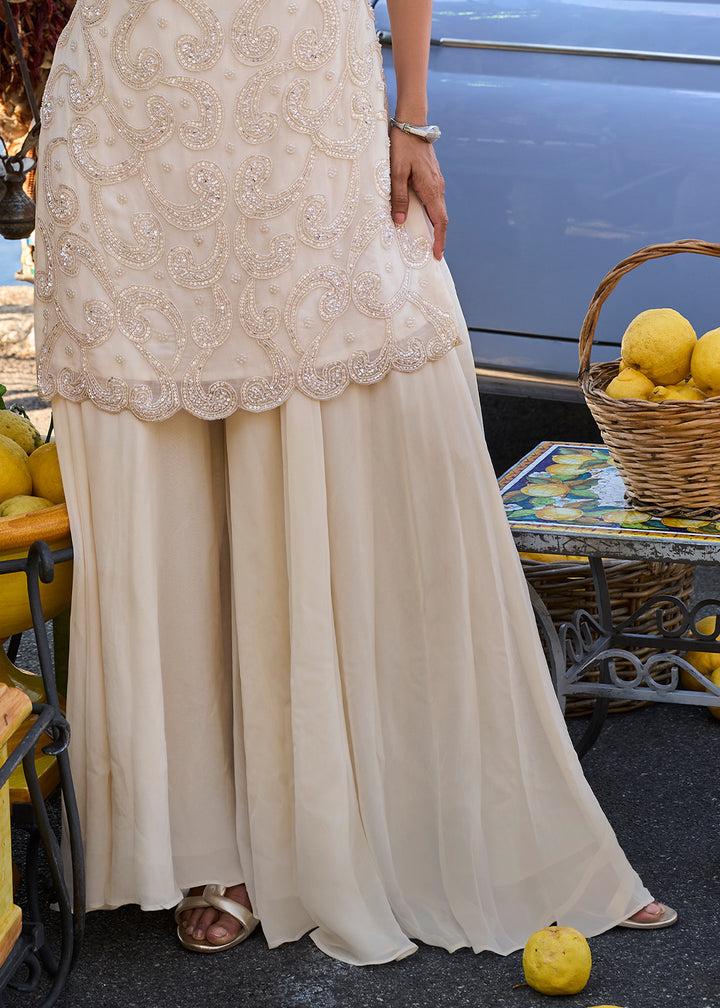 Cream White Georgette Sharara &amp; Embroidered Top with Refined Beadwork