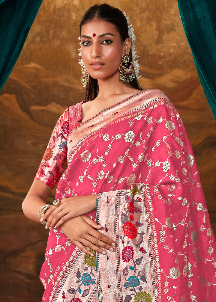 French Rose Pink Paithani Banarasi Silk Saree having Resham Woven Floral Motifs