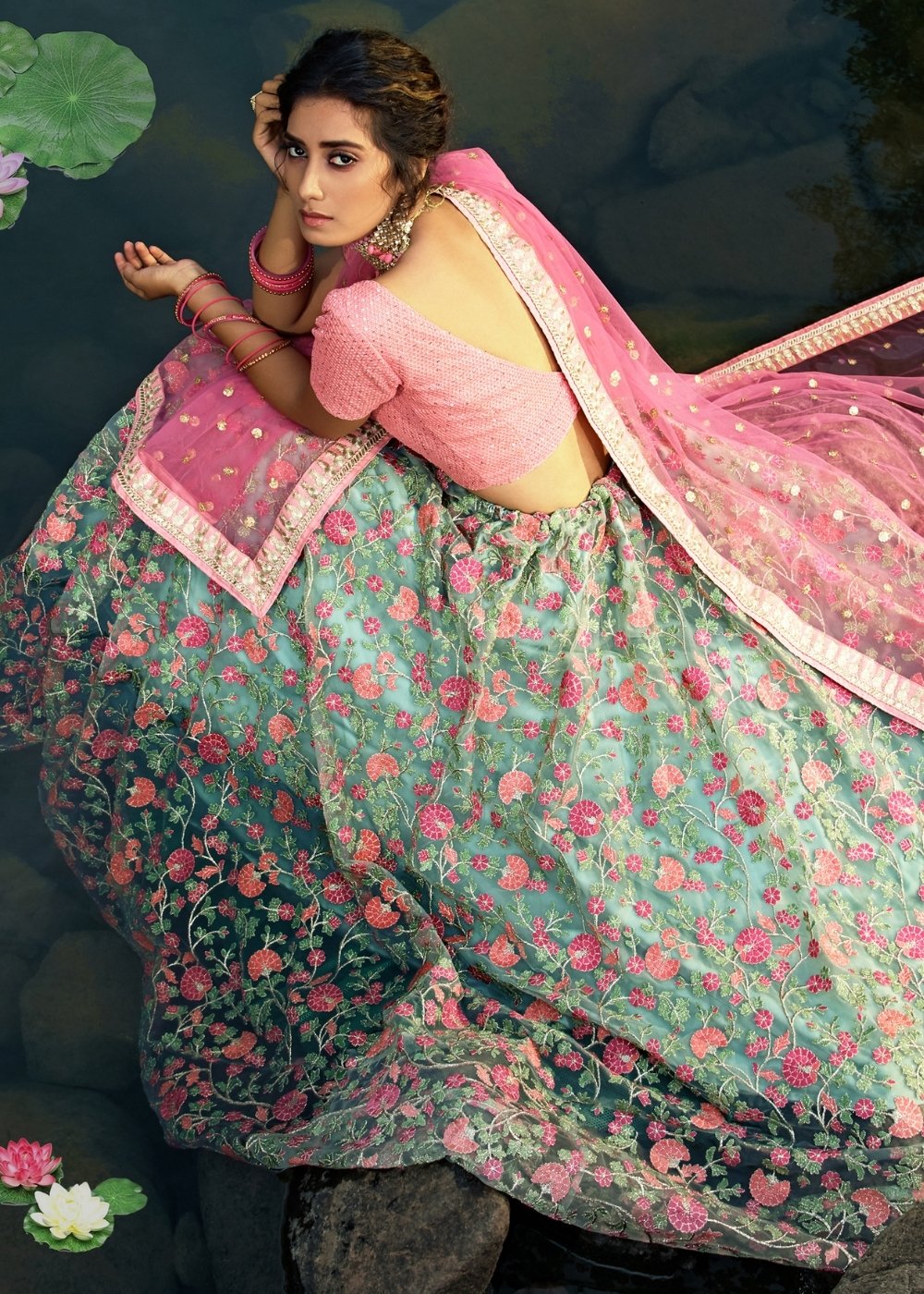 Pista Green & Pink Designer Soft Net Lehenga Choli with Sequins, Thread & Zari work